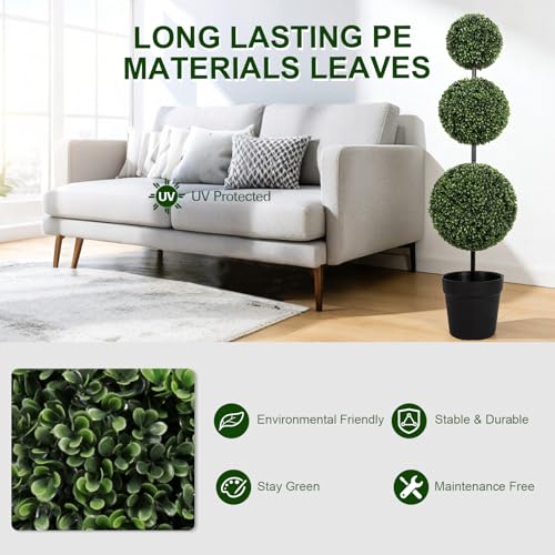 VIVATREES 4FT UV-Resistant Artificial Triple Ball Boxwood Topiary Set of 2, All-Weather Outdoor & Indoor Decor for Garden, Porch, Entryway - size: 4FT-2Pack
