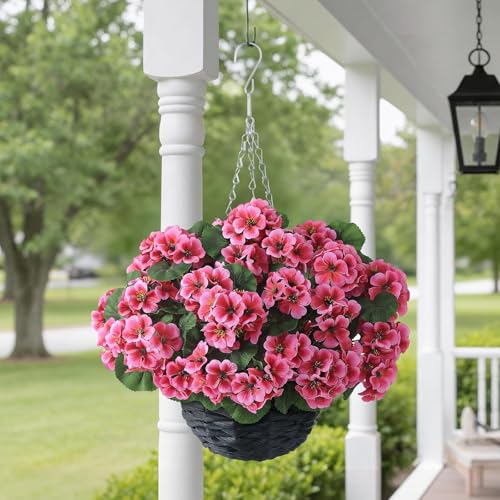 GLIDLION 2 Set Artificial Geraniums Flowers with Hanging Baskets for Outdoors - Sun Resistant Silk with Geranium Flowers, Fake Hanging Planters for Front Porch Garden Patio Home Decor (Peach Pink) - color: Peach Pink