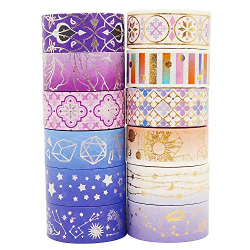 YUBBAEX Galaxy Washi Tape Set Purple Stars Decorative Tapes Silver Gold Foil Masking for Arts, DIY Crafts, Journal Supplies, Planners, Scrapbook, Gift Wrapping (Purple Night 12 Rolls) - color: Purple Night 12 Rolls
