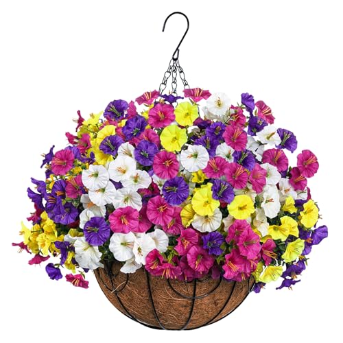 Artificial Hanging Flowers with Basket for Outdoors, UV Resistant Faux Silk Morning Glory with Eucalyptus Realistic Fake Hanging Plants for Spring Summer Outside Decor (Mixed Colors) - color: 4 Colors