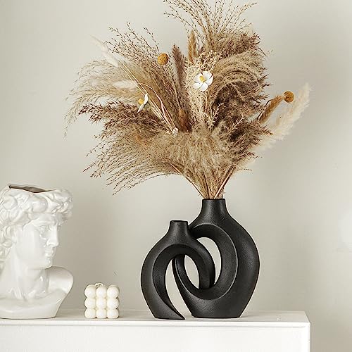 Levvohd Black Hollow Ceramic Vase Set of 2, Snuggle Round Boho Donut Modern Vase Nordic Minimalist Decorative Vase for Modern Trendy Home Table Centerpiece Decor (W 6.3" X H 8") - color: Black - Round Large