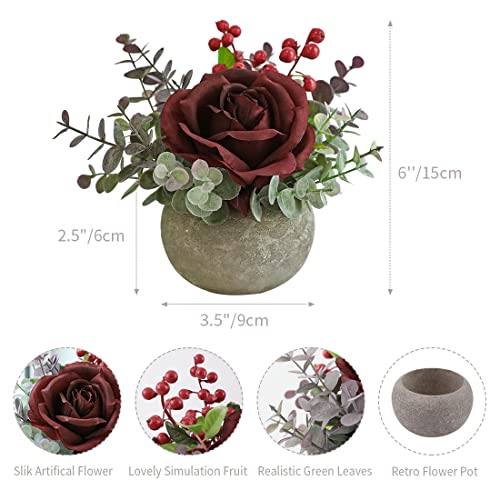 Small Artificial Burgundy Rose Potted Plant, 6" Fake Silk Flowers in 3.5" Round Pot, Mini Faux Floral Arrangement for Desk Shelf Bathroom Decor - color: Burgundy
