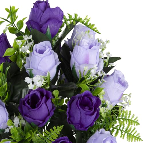 XONOR Artificial Cemetery Flowers for Grave Decorations, Artificial Memorial Roses Flowers Bouquet with Vase for Cemetery Headstones Decoration, 2 Sets (Dark Purple&Light Purple) - color: Dark Purple&light Purple