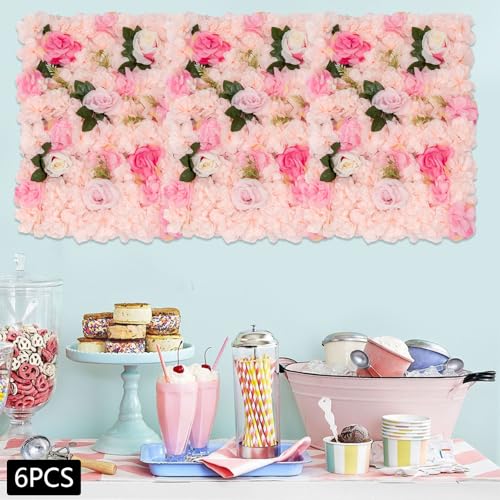 Set of 6 Artificial Flower Wall Panels, 3D Silk Rose & Dahlia Outdoor Decor, Waterproof Garden Wall Flowers for Balcony Fence, Patio, Wedding Backdrop - color: Pale Pink