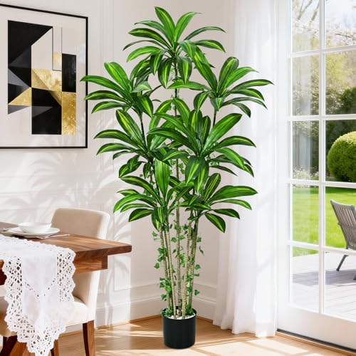 Dolicer 6FT Tall Look Real Artificial Dracaena Tree Indoor with Black Planter, Realistic Artificial Fake Faux Indoor Plants with Natural Trunk and Lifelike Leaves for Home Office Living Room - size: 6FT