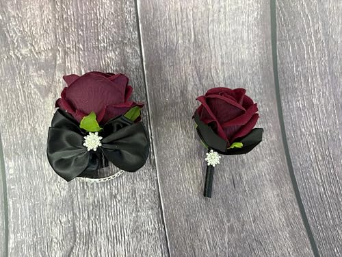 Ting & Cecilly Burgundy Rose Wrist Corsage Boutonniere Set Artificial Flower with Black Satin Ribbon Rhinestone Decor Handmade Silk Flower for Prom Wedding Party Suit Decor - color: Burgundy