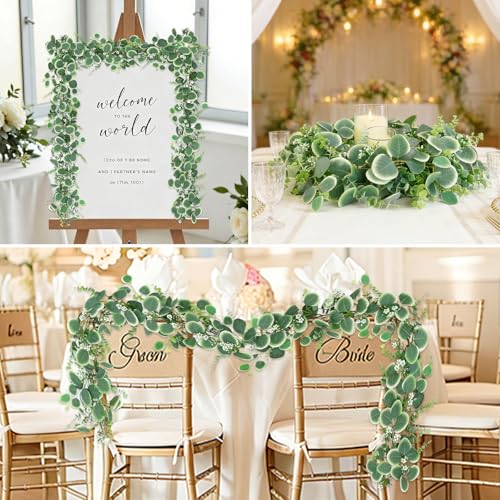 Betylifoy 2 Pcs Artificial Eucalyptus Garland 12FT Faux Silver Dollar Eucalyptus Leaves Garlands Hanging Vines Fake Greenery Garland with Flowers for Wedding Party Table Runner Home Mantle Decor - size: 2pcs
