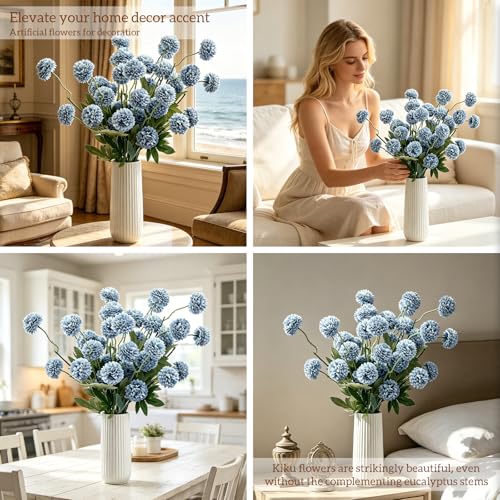 8pcs Blue Fake Flowers Silk Pompon Mum Artificial Flowers,Mini Artificial Chrysanthemums with Stems,Faux Flowers For Vase,for Wedding Centerpieces, flower arrangements, vase fillers, and home decor - color: Blue
