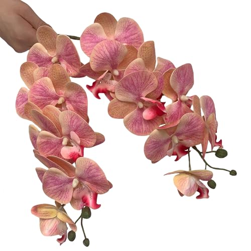HinyoCo 5 Pcs Artificial Orchid Flowers and 4 Bundles Leaves, Artificial Phalaenopsis Flowers 32 Inch Stem Plants for Home Wedding Decoration (Pink) - color: Pink