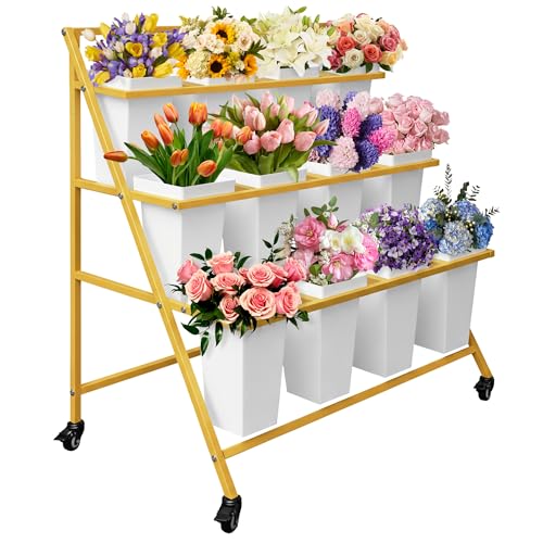 PROLEE Flower Display Stand with 12 Buckets, Flower Cart 3 Layers, Flower Stand Metal with Wheels, Moving Florist Bouquet Shelf, Triangular Rack, Gold - color: Gold