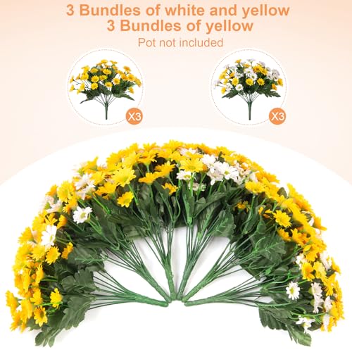 Ammyoo Fake Mums Artificial Flowers for Outdoor Decoration, 6 Bundles Faux Silk Daisy Flowers Realistic UV Resistant No Fade Fake Plants for Home Patio Porch Garden Window Box Decor(Yellow White) - color: Yellow White
