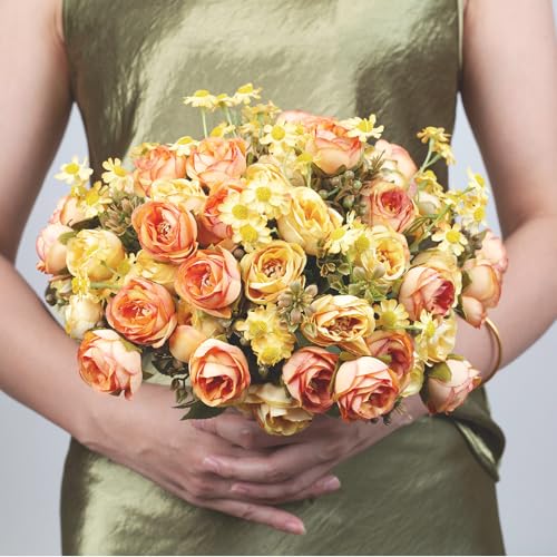 5 Pcs Fake Flowers in Vase Artificial Flower Arrangement Faux Peony Flowers for Home Decor Wall Decoration (Orange Yellow) - color: Orange Yellow