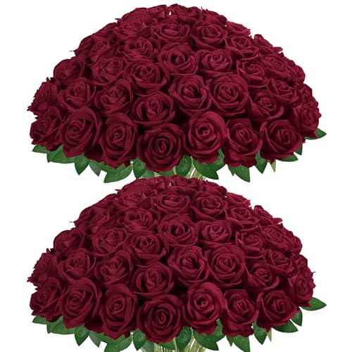 InnoGear 50 Pcs Burgundy Roses Artificial Flowers, Fake Velvet Silk Red Rose Bulk Faux Flower for Decoration Wedding Centerpieces Proposal Bridal Bouquets Shower Party Home Floral Decor (50, Burgundy) - color: Burgundy