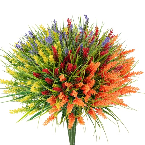 20 Bundles Artificial Plants Outdoor, UV Resistant Fake Flowers, Realistic Faux Lavender Shrubs for Porch Garden Window Box Home Decoration (Yellow Lightpurple Red Orange) - color: Yellow Lightpurple Red Orange