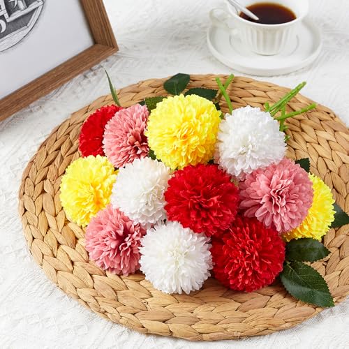 SITUMEIZI 12 Pcs Artificial Chrysanthemums Flowers Colorful Ball Flower Fake Mums Silk for Wedding Home Kitchen Decoration Floral Arrangement(Pink,Red,Orange,White) - color: Pink,red,yellow & White, size: 12 Pieces