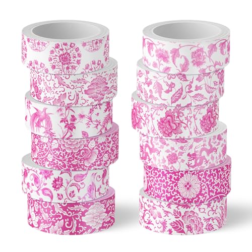 Whaline 12 Rolls Pink Floral Washi Tapes Chinoiserie Flower Decorative Masking Tape Set Vintage Wrapping Paper Tape for Scrapbook Journal DIY Art Crafts - color: Pink