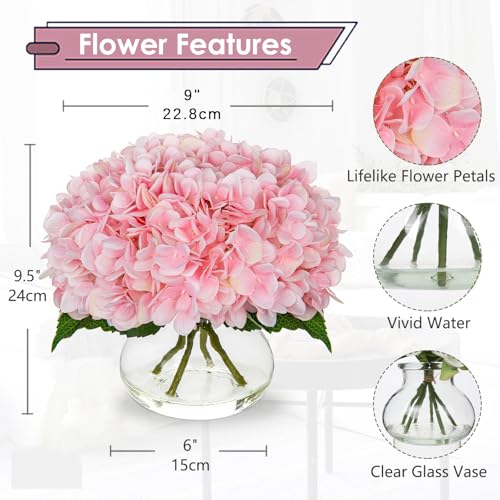 Hollyone Pink Hydrangea Artificial Flowers with Glass Vase Silk Faux Flowers Arrangements with Clear Faux Water Fake Floral Bulk Bouquet for Home Decor Table Centerpiece Decorations - color: Hydrangea, Pink
