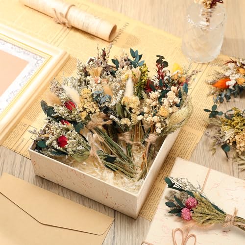 Layhit 12 Pcs Boho Dried Flower Bouquet Mini Wedding Handmade Dry Flowers Decor for Vase Crafts DIY Photo Boutonniere for Men Floral Plant for Bridesmaid Gift Birthday Decor(Bright) - style: Bright