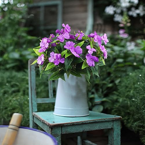 2 Pcs Artificial Impatiens Flowers for Outdoors Faux Impatiens Bushes Purple Silk Flowers Greenery Faux Flowers for Outdoor Planters Patio Lawn Garden Balcony Pot Hanging Basket Porch Decor - color: Purple