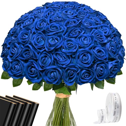 Waipfaru 50 Pcs Blue Roses, Fake Roses Artificial Velet Flowers for Valentines Mothers Day Wedding Centerpieces Decor (Royal Blue) - color: Royal Blue, size: 50 Pcs