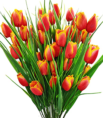 8 Bundles Outdoor Artificial Tulips Fake Flowers UV Resistant Faux Plastic Greenery Shrubs Plants for Home Outside Garden Porch Window Farmhouse Decor (Orange) - color: Orange