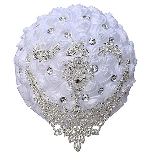 Handmade Luxury Wedding Bridal Bouquet Large Silk Rose Holding Toss Artificial Flowers Bouquets with Satin Ribbon Pearls Rhinestone for Bride Vintage Royal Wedding Bouquet (White) - color: White