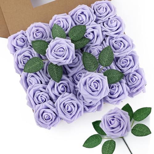 DuHouse 50Pcs Artificial Roses Flowers Fake Roses with Stems Real Touch Foam Flowers for DIY Wedding Bouquet Party Centerpiece Floral Arrangement Party Home Decor(Lilac) - color: Lilac, size: 50pcs