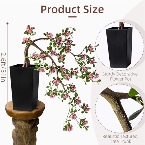 Artificial Bonsai Tree Fake Plant in Pot 2.6FT Artificial Flowers Plants Artificial Spring Flowers Tree Bonsai with Lifelike Leaves Realistic Flowers for Living Room Stairwell Patio Decor(Rose Red) - color: Rose Red