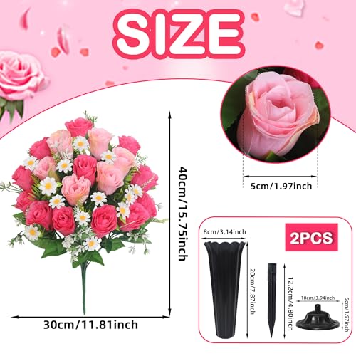 Wocst Artificial Cemetery Flowers for Grave Memorial Day Flowers for Cemetery,2Pack Artificial Silk Roses Daisy Bouquets with Cemetery Vases for Outdoor Grave Decorations ﻿ (Pink) - color: Pink