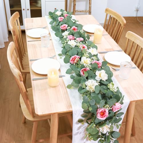 TOCHGREEN 2 Pack 13Ft Artificial Eucalyptus Flower Garland with Pink Roses White Flowers, Fake Rose Flower Greenery Garland Floral Vines for Wedding Home Party Table Runner Decor (White Pink, 2PCS) - color: White Pink, size: 2PCS