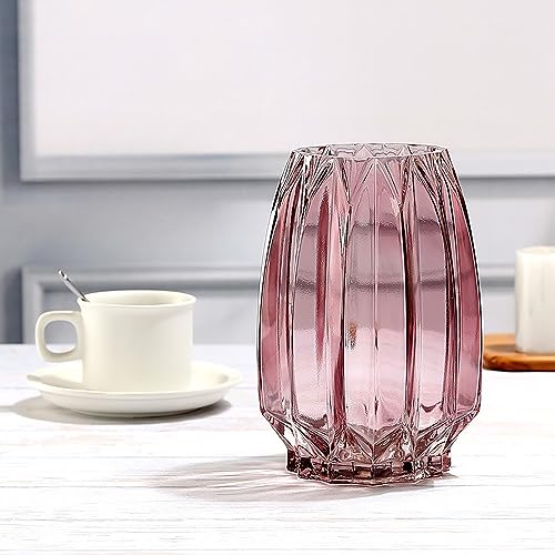 Lucky Bird Pink Glass Vase Modern Ribbed Vase for Flowers, Candles, and Decorative Accents - Tall/Short Vases for Centerpieces Home Table Decor(Purple Pink H8.0inch) - color: Pink, size: H-7.87inch