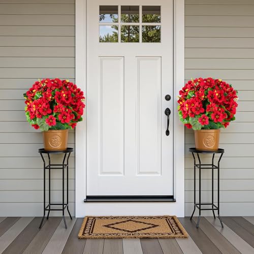 Artificial Geranium Flowers in Pot for Outdoors Fake Plants 14 Inch Faux Flowers Spring Summer Decoration for Home Front Door Garden Planter Patio Balcony Yard Indoor Outdoor (Red) - color: Red