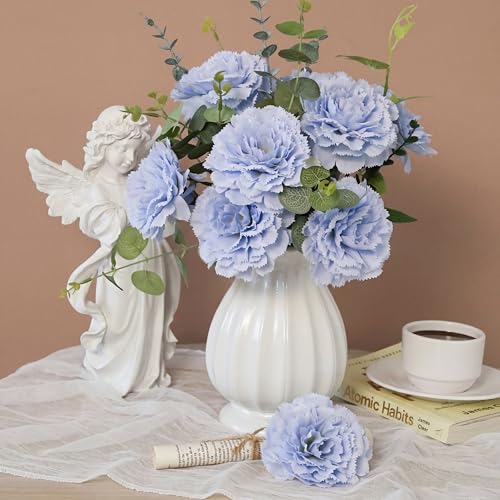 Blue Carnations Artificial Flowers 10Pcs Large Carnations Heads Lush Silk Flowers Bouquet with Stems for Wedding Bouquets Bridal Home Table Centerpieces(Light Blue) - color: Blue
