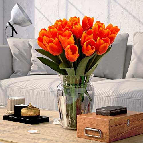 20PCS Artificial Tulips Real Touch Faux Flower Moisturizing Tulips for Photography Ornaments Home Garden Wedding Party Decor Fake Flowers (Orange) - color: Orange