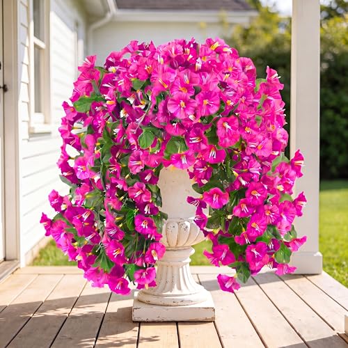 Sggvecsy Artificial Fake Hanging Flowers Plants for Outdoor Outside Spring Summer Decoration 2PCS Faux Silk UV Resistant Realistic Morning Glory Trailing Vines for Home Porch Patio Balcony(Purple red) - color: Purple Red, size: 2Pcs