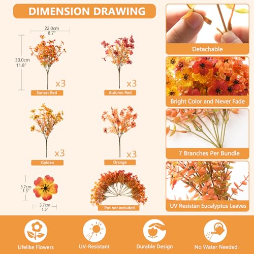 Artificial Fall Flowers for Outdoor, 12 Bundles 4 Colors Faux Mums Fake Fall Plants for Decoration, UV Resistant No Fade Silk Plastic Flower for Autumn Porch Patio Planters Windowbox Yard Garden - color: Orange,golden,autumn Sunset Red