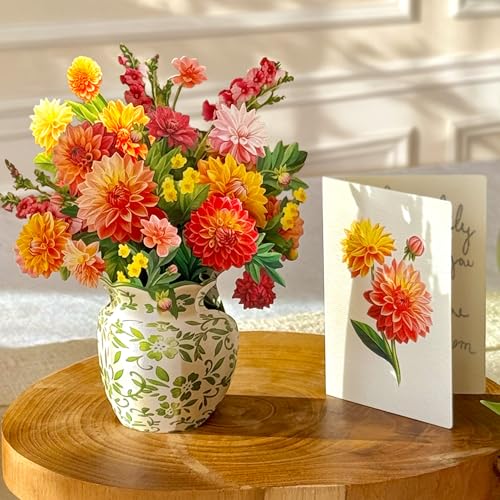 Freshcut Paper Mini Dahlia Sunrise 5.5 Inch Life-Sized 3D Pop Up Cards – Greeting Card, Birthday, Mothers Day, Thank You, Gifts for Mom and Her – Includes Notecard and Envelope - color: Dahlia Sunrise, size: Mini