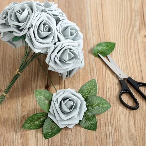Higfra Artificial Flowers 50 Stems Realistic Roses - Lifelike Fake Flowers for Wedding Bouquets, Baby Shower Decor, Home Centerpieces, DIY Floral Arrangements (Grey, 50Pcs) - color: Grey, size: 50Pcs