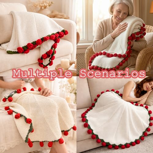 Crochet Flower Bouquet Throw Blanket, Cute Romantic Gift for Her Girlfriend Mom Mother’s Day Valentine Wedding Anniversary Birthday (Red, 40 inches) - color: Red, size: 40 inches