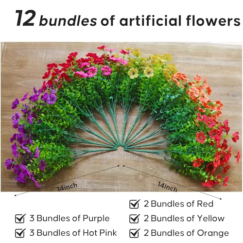 Artificial Flowers for Outdoors, Fake Faux Plants Outside Realistic Spring Summer Decor, UV Resistant Silk Flowers for Home Porch Garden (12, Purple Red Yellow Orange Hot Pink) - color: Purple Red Yellow Orange Hot Pink