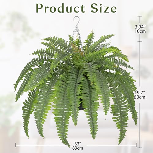 Hollyone 33" Artificial Boston Fern Hanging Basket Large 39 Leaves Fake Ferns in Rattan Pot Greenery Plants for Outdoors & Indoor Faux Fern Bush Basket Plant Patio Garden Home Decor Dusty Green - color: Hanging Basket - Dusty Green Large