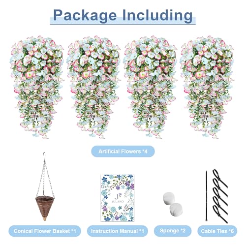Artificial Hanging Flowers with Basket, 480 Blooms UV Resistant Faux Morning Glory Silk Plants, Fast & Easy Assembly Fake Hanging Baskets for Outdoor Porch Patio Garden Decor, Blue&White - color: Blue&white