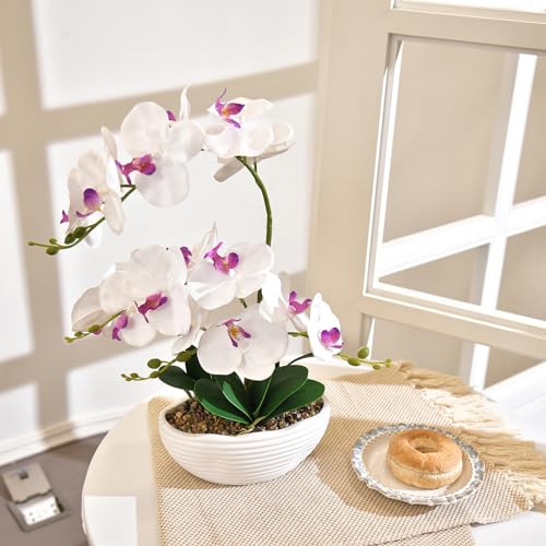 19" H Phalaenopsis Faux Orchid Plant Silk Orchid Centerpiece Artificial Floral Arrangement in Ceramic Pot (White) - color: White