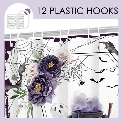 Mocsicka Halloween Shower Curtain Purple Flower Goth Shower Curtain Spooky Floral Halloween Bathroom Decor Retro Vintage Fabric Waterproof Bathroom Curtain Set with 12 Hooks (71x71 inch, Floral)