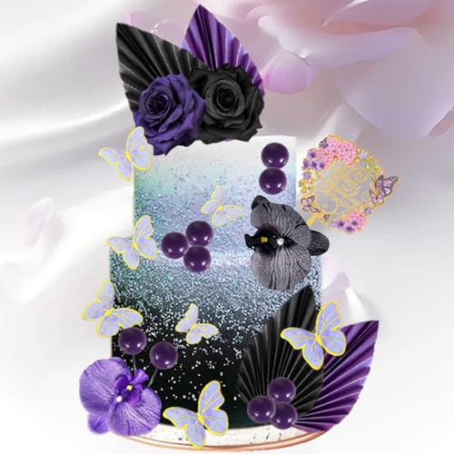 29 PCS Flower Cake Topper Palm Leaves Butterfly Ball Boho Cake Decorations Acrylic Happy Birthday Cake Toppers Cupcake Cake Topper for Wedding Birthday Party Decoration Supplies(Black Purple) - color: Black Purple