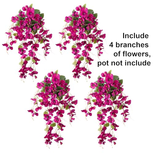 Fake Hibiscus Artificial Hanging Flowers Plants for Outdoors Spring Decoration, 4pcs Silk Hibiscus Vines Realistic UV Resistant Faux Flowers for Outside Planter Porch Patio Yard Wedding Party, Fuchsia - color: Fuchsia, size: 4 pcs