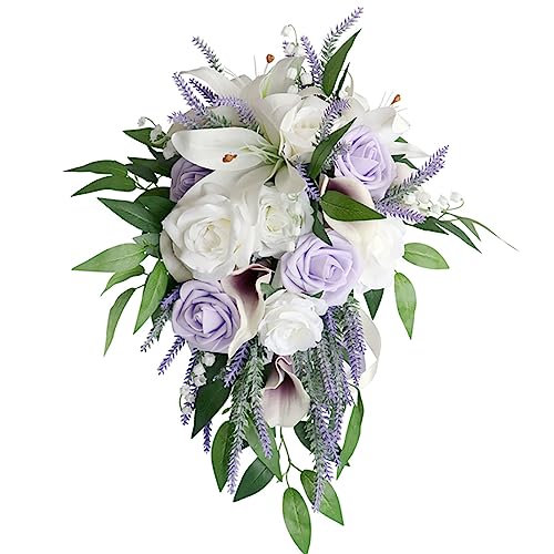 Wedding Bouquet for Bride, White Calla Lily Purple Rose Water Drop Waterfall Romantic Wedding Bouquets Flowers Cascading Bridal Bouquets for Wedding Ceremony and Anniversary Party Home Decor, C - color: Calla Lily Bouquet C