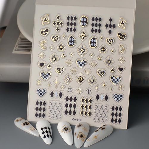 Maillard Style Nail Stickers - 1PCS Bronzing Heart Star Nail Adhesive Stickers Black Diamond Shaped Nail Art Decals with Gold Edge Designs Acrylic Supplies for Women Manicure Decor - style: Style12-Maillard Stripe