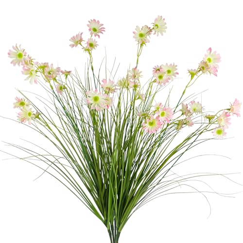 4 Pcs Artificial Plants Onion Grass Outdoor 37" Fake Tall Grass with Daisy Wildflowers Pink Artificial Wheat Grass Faux Shrubs Bush Greenery Stems for Indoor Garden Outside Office Home Decor - color: 4 Pcs-pink Flowers