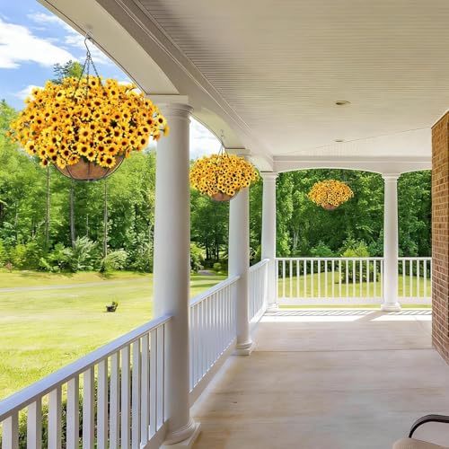 Zythrem Artificial Flowers Hanging Basket UV Resistant Faux Flower Hanging Baskets for Outside Large Silk Hanging Sunflower Decor Fake Mums for Front Porch Yard Gardeng Patio Summer - size: 13in